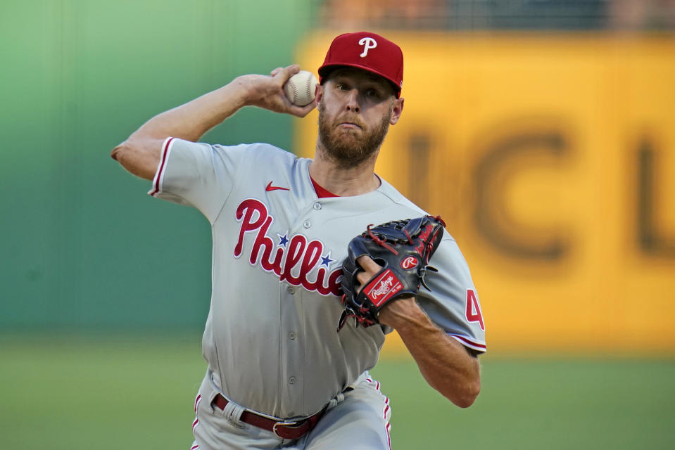 Philadelphia Phillies starting pitcher Zack Wheeler delivers during the first inning of the team's baseball game against the Pittsburgh Pirates in Pittsburgh, Thursday, July 28, 2022. (AP Photo/Gene J. Puskar)