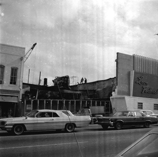 The aftermath of the Mendelson Department Store fire in 1967. Mendelson's exit from downtown became the exodus of merchants to the newly built Northwood Mall