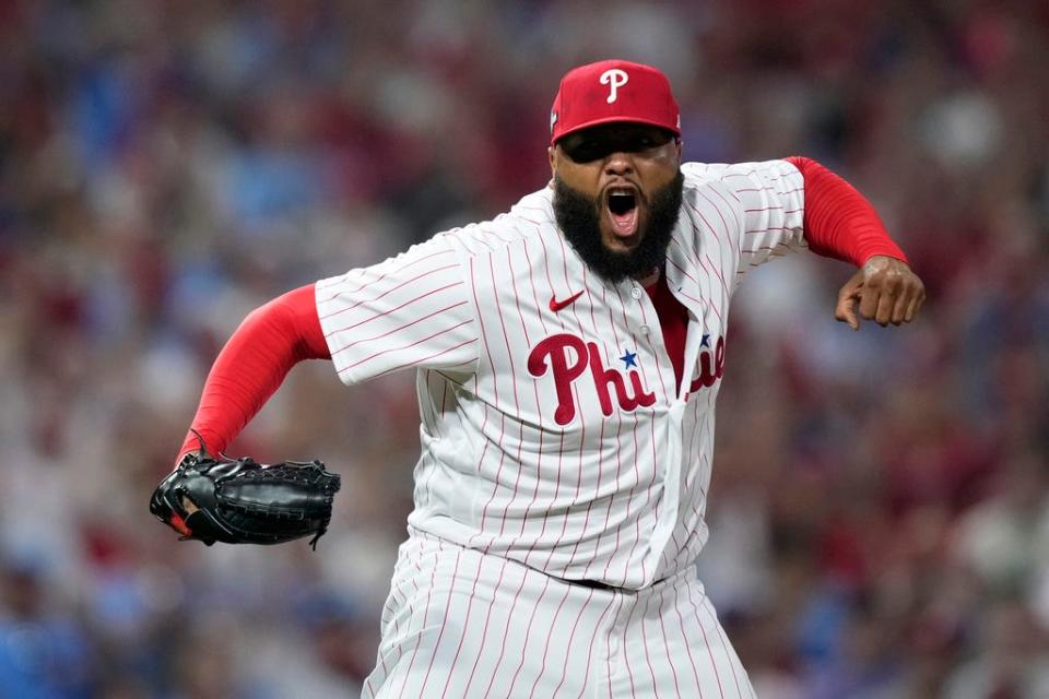 Philadelphia Phillies pitcher Jose Alvarado reacts after striking out Miami Marlins' Yuli Gurriel during the seventh inning of Game 1 in an NL wild-card baseball playoff series, Tuesday, Oct. 3, 2023, in Philadelphia. (AP Photo/Matt Slocum)