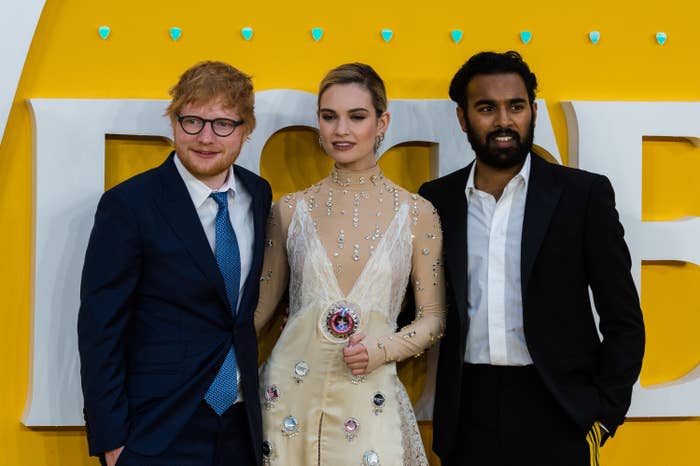 Ed Sheeran, Lily James, and Himesh Patel attend the UK film premiere of Yesterday on June 18, 2019, in London.