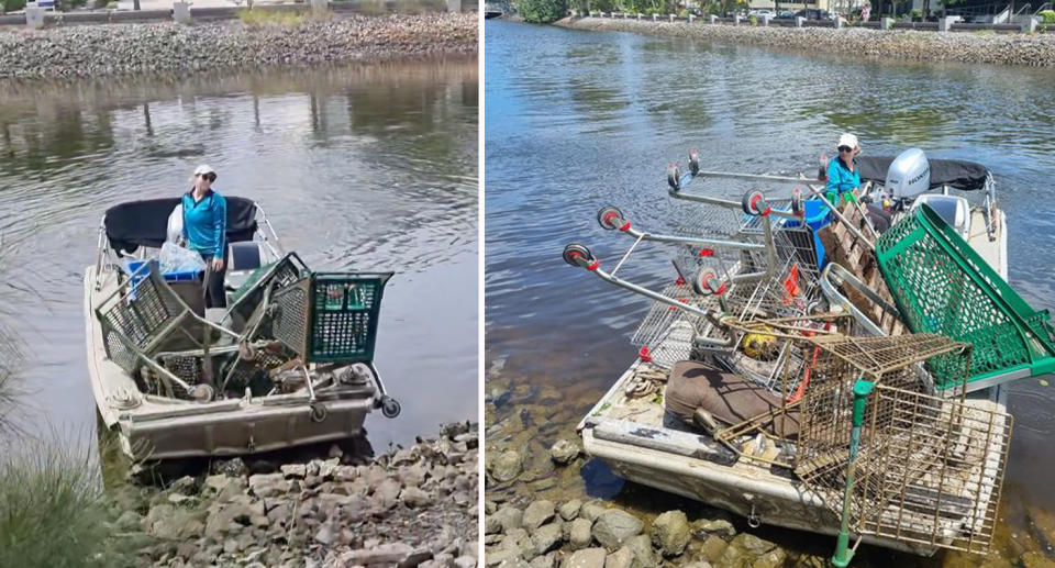 Supermarket trollies being pulled from river in Brisbane. 