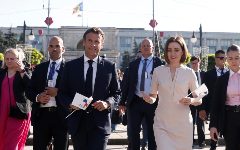 Emmanuel Macron on a visit to Moldova, where he said: 'The time will come when we have done all we can to help Ukraine resist' - Yoan Valat/Reuters