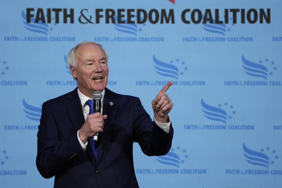 Republican presidential candidate former Arkansas Gov. Asa Hutchinson speaks during the Iowa Faith and Freedom Coalition Spring Kick-Off Saturday, April 22, 2023, in Clive, Iowa. (AP Photo/Charlie Neibergall)