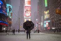 <span><b>13th most popular.<br></b>A man stands under an umbrella while photographing a snow storm in Times Square, New York, January 26, 2015. (REUTERS/Adrees Latif)</span>