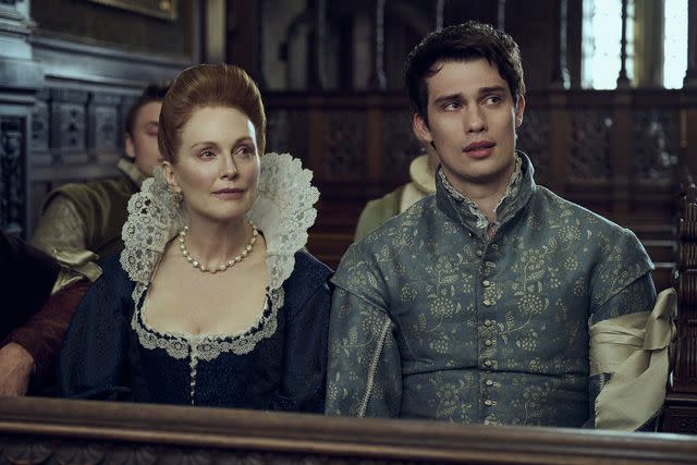 <p>Rory Mulvey/Starz</p> Julianne Moore as Mary Villiers, Nicholas Galitzine as George Villiers in 'Mary & George'