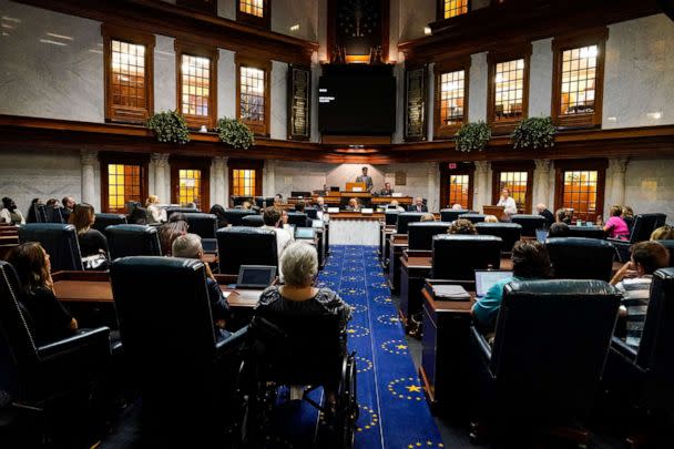 PHOTO: The Indiana Senate Rules Committee takes testimony on a Republican proposal to ban nearly all abortions in the state during a hearing at the Statehouse in Indianapolis, on July 26, 2022. (Michael Conroy/AP)