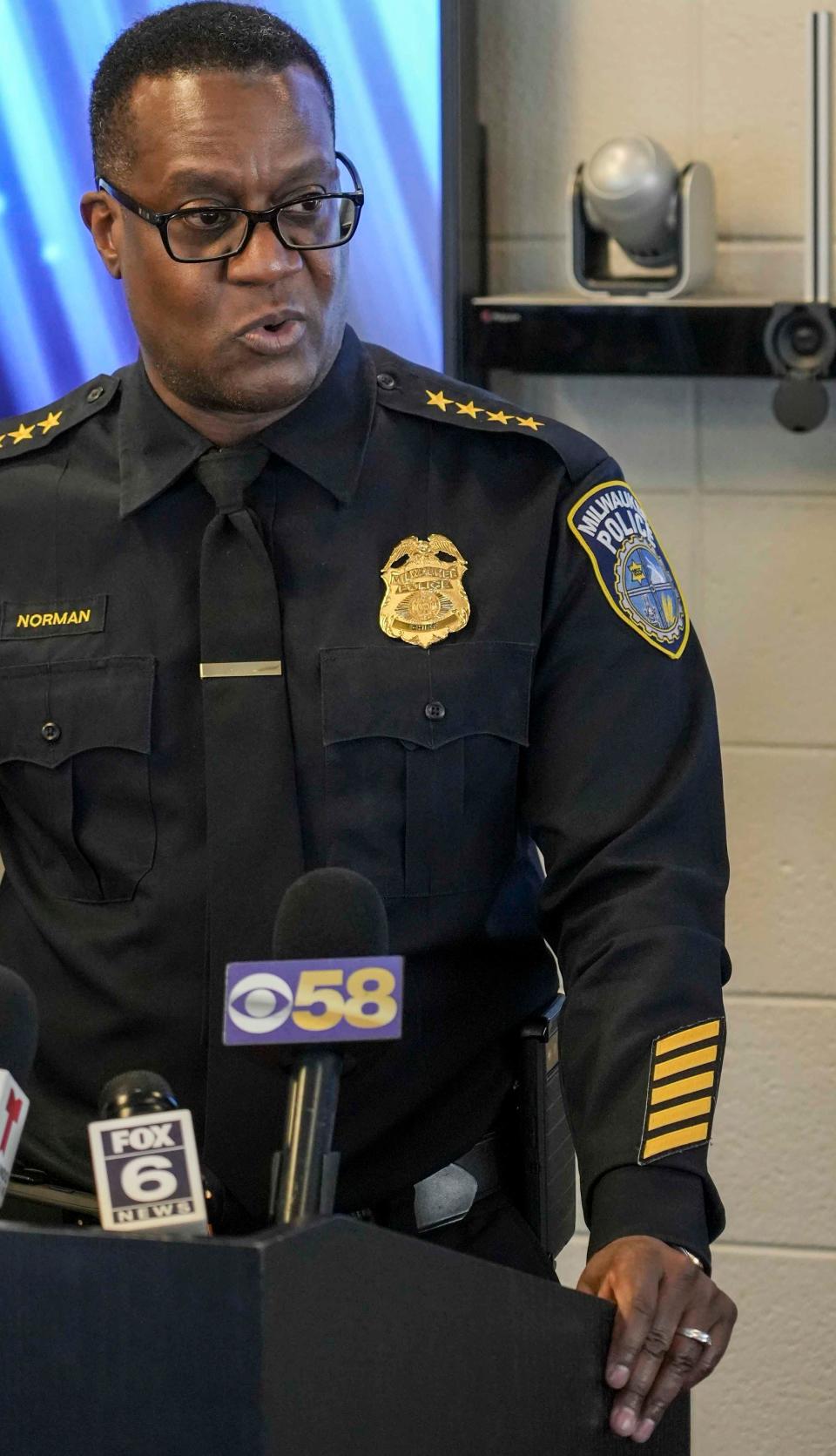 Milwaukee Police Chief Jeffrey Norman answers questions in regards to homicides, auto thefts, thefts and other crimes during the press conference revealing Milwaukee's 2023 first quarter crime numbers Tuesday, April 18, 2023, at the Police Administration Building in Milwaukee.