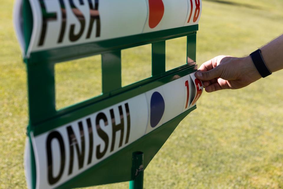 The scores on the score board are changed after Onishi gets a birdie during the Utah Championship, part of the PGA Korn Ferry Tour, at Oakridge Country Club in Farmington on Sunday, Aug. 6, 2023. | Megan Nielsen, Deseret News