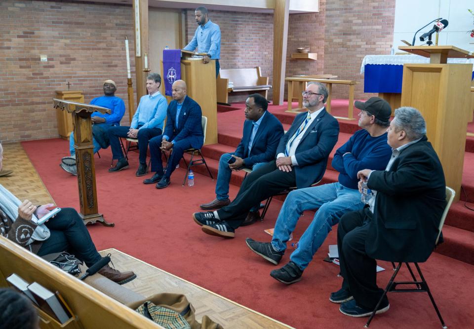 Candidates at First Trinity Lutheran Church in Indianapolis, Sunday, March 12, 2023, during a forum for city mayoral hopefuls. 