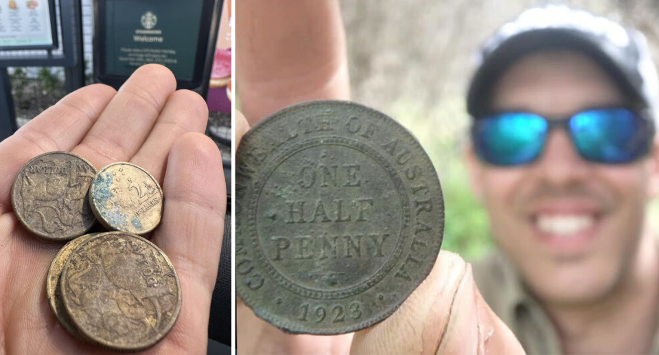 Angus James (right) holding a 1923 half-penny. And his hand holding $1 and $2 coins (left)