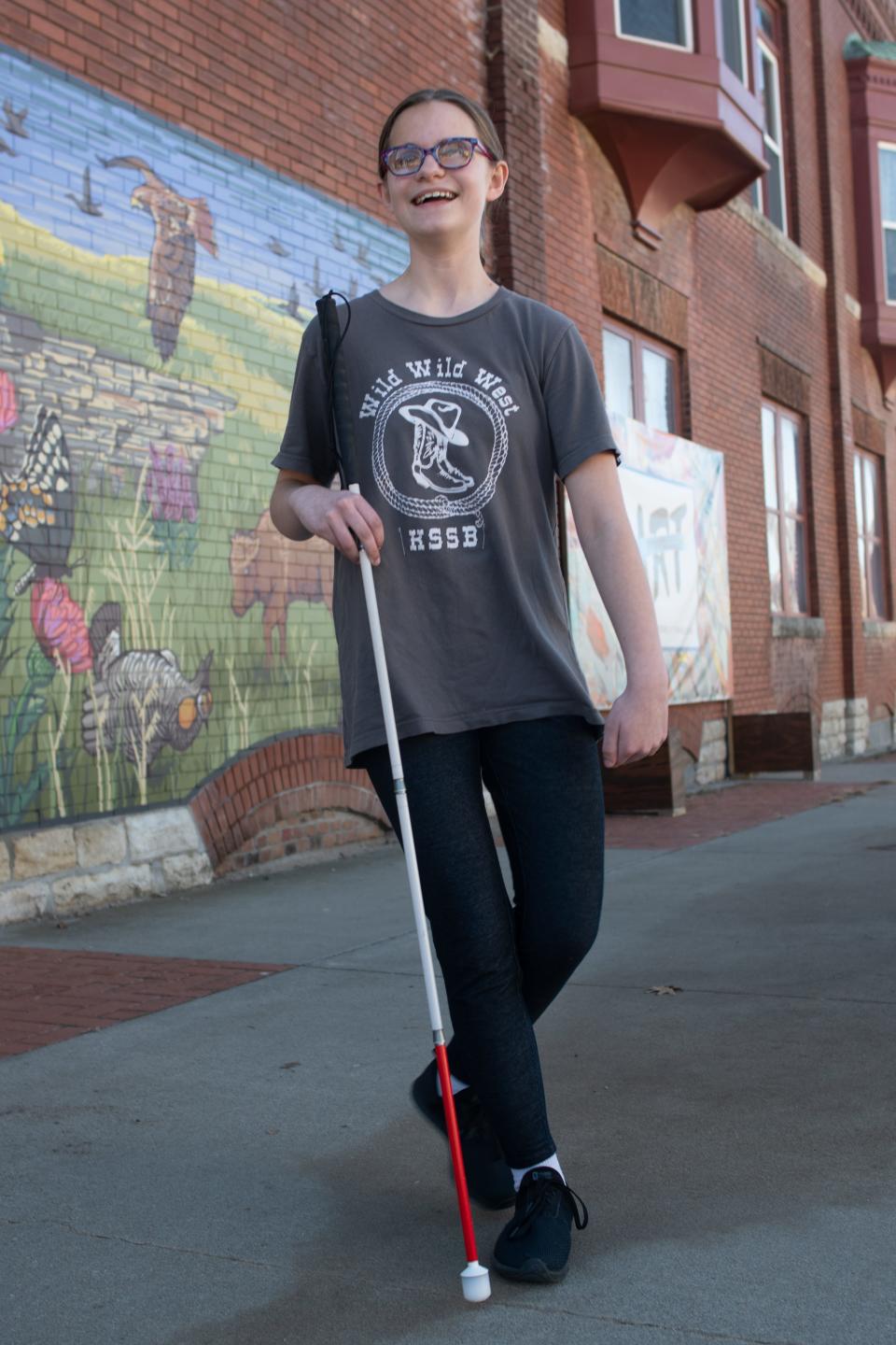 Holton Middle School student Addie Bartels doesn't have trouble getting around downtown Holton as she prepares to take on the competition this weekend for the Make48 competition at the Kansas State School for the Blind.