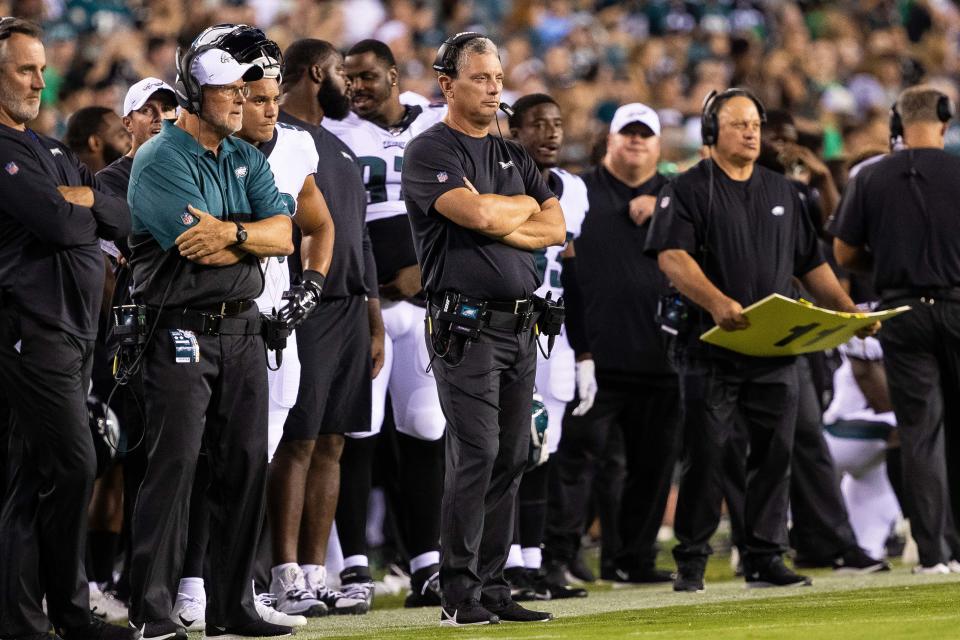 Aug 8, 2019; Philadelphia, PA, USA; Philadelphia Eagles defensive coordinator Jim Schwartz during the second quarter against the Tennessee Titans at Lincoln Financial Field. Mandatory Credit: Bill Streicher-USA TODAY Sports