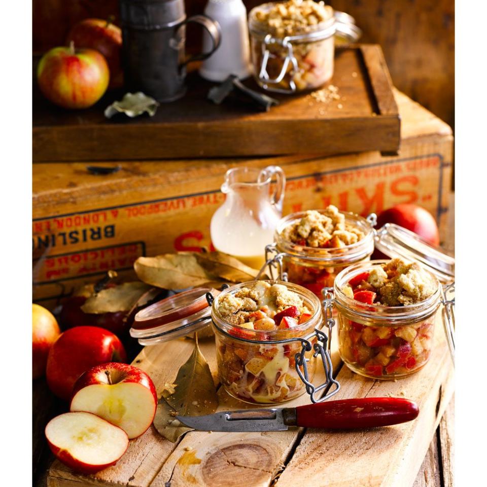 <p>A classic with a twist, here each guest gets their own individual jar of apple crumble.</p><p><strong>Recipe: <a href="https://www.goodhousekeeping.com/uk/food/recipes/a560348/apple-crumble-pots/" rel="nofollow noopener" target="_blank" data-ylk="slk:Apple crumble pots;elm:context_link;itc:0;sec:content-canvas" class="link ">Apple crumble pots</a></strong></p>