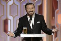 <p>That makes the edgy Englishman the host with the most Golden Globes appearances. Tina Fey and Amy Poehler are in second place with <a href="https://www.goldenglobes.com/entertainment-news/host-0" rel="nofollow noopener" target="_blank" data-ylk="slk:three shows;elm:context_link;itc:0;sec:content-canvas" class="link ">three shows</a> as hosts under their belts.</p>