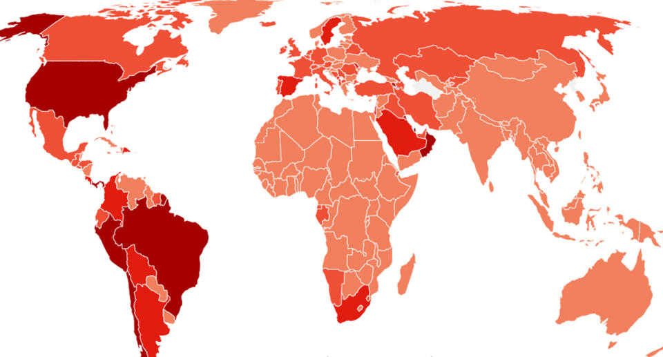 Pictured is a map showing the countries that have had the highest cases of coronavirus coloured in red.