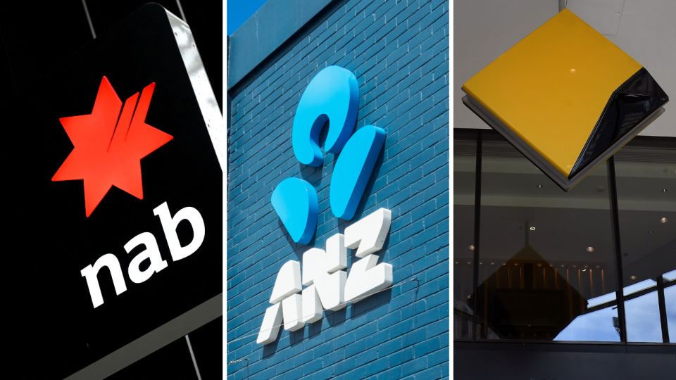 A composite image of the logos for NAB, ANZ and CBA,