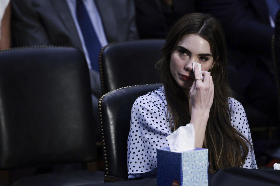 U.S. Olympic Gymnast McKayla Maroney wipes tears from her eyes as Sen. Chris Coons (D-DE) speaks during a Senate Judiciary hearing about the Inspector General's report on the FBI handling of the Larry Nassar investigation of sexual abuse of Olympic gymnasts, on Capitol Hill on September 15, 2021, in Washington, DC. / Credit: Anna Moneymaker / Getty Images