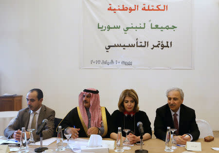 Syrian dissident Louay Hussein and other political figures launch a Syrian political umbrella group called the National Bloc in Beirut, Lebanon February 10, 2017. REUTERS/Mohamed Azakir