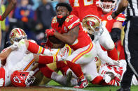 MIAMI, FLORIDA - FEBRUARY 02: Damien Williams #26 of the Kansas City Chiefs reacts in the first quarter of Super Bowl LIV against the San Francisco 49ers at Hard Rock Stadium on February 02, 2020 in Miami, Florida. (Photo by Kevin C. Cox/Getty Images)