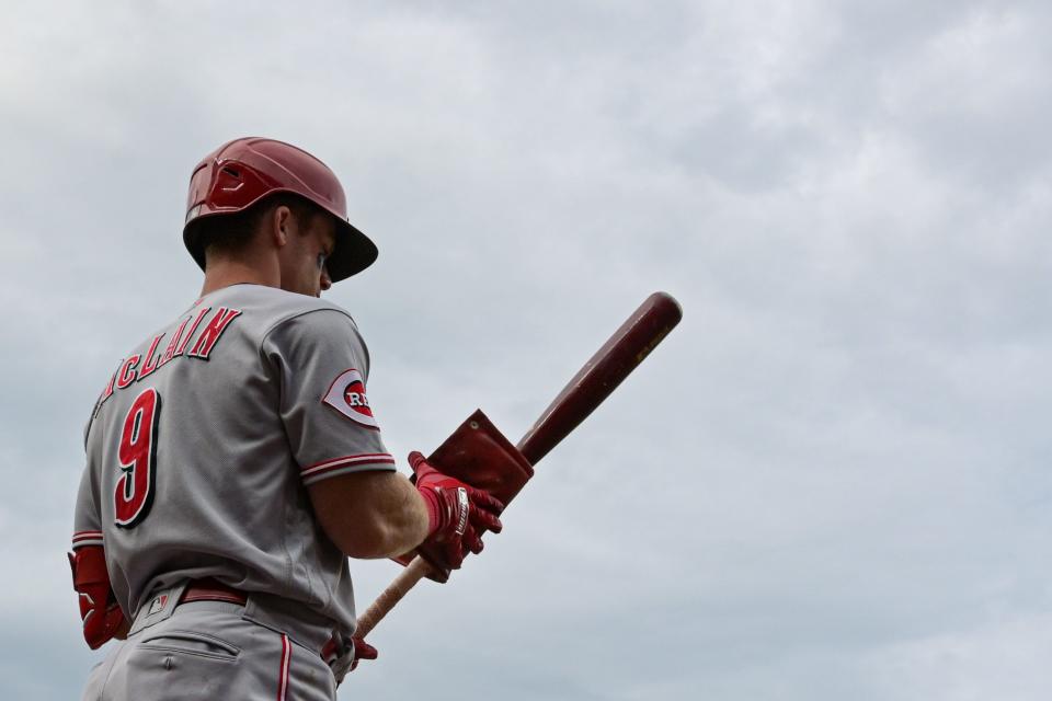 Jun 27, 2023; Baltimore, Maryland, USA;  Cincinnati Reds shortstop Matt McLain (9) awaits a first inning at-bat against the Baltimore Orioles at Oriole Park at Camden Yards.