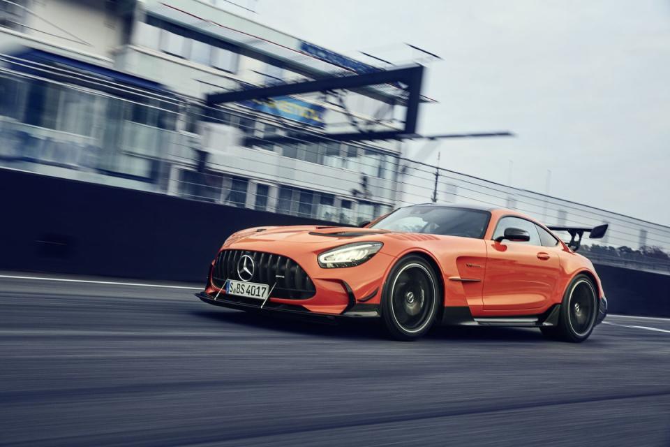 <p>"The new motor’s appetite for revs is huge. True, the redline is only 7200 rpm and not the 8k-plus of the GT350, or the McLarens and Ferraris that also employ flat-plane crank V-8s, but the energy you feel on the way to that 7k redline and the machine-gun braaarppp that goes with it makes this feel like so much more than an AMG GT R with the wick turned up." - <em><a href="https://www.roadandtrack.com/reviews/a34483514/2021-mercedes-amg-gt-black-series-first-drive-review/" rel="nofollow noopener" target="_blank" data-ylk="slk:R&T October 2020;elm:context_link;itc:0;sec:content-canvas" class="link ">R&T October 2020</a></em></p><ul><li><strong>Price: </strong>$326,050 (base)</li><li><strong>Engine: </strong>4.0-liter twin-turbocharged V-8</li><li><strong>Output: </strong>720 hp/590 lb-ft</li><li><strong>Transmission: </strong>7-speed dual-clutch automatic</li><li><strong>Curb Weight: </strong>3616 lb</li></ul>