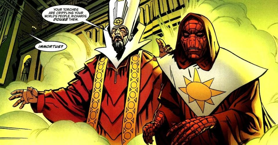 A panel from Marvel Comics featuring Pope Immortus and Spiders Man.