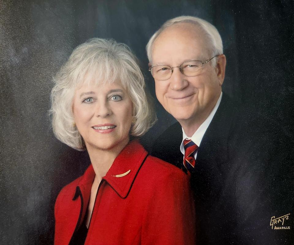 The 1977 AGN Woman of the Year, Claudette Landess, left, pictured with her husband William Garvin Landess, shares what the Amarillo community has come to mean to her following the award announcement.