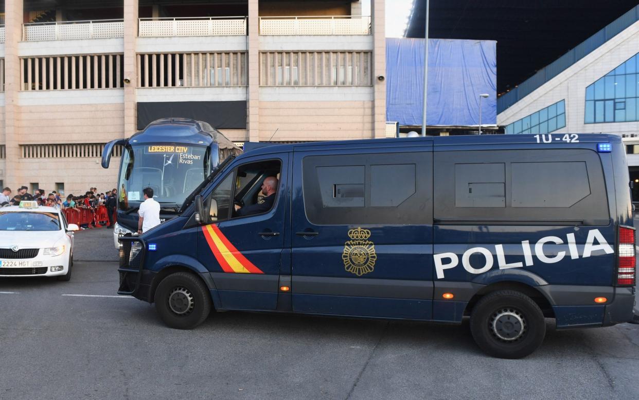 Security measures are seen next alongside the Leicester City team coach during a Leicester City training session and press conference on the eve of their UEFA Championns League quarter final match against Atletico Madrid - Getty Images Europe