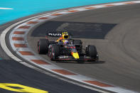 Red Bull driver Sergio Perez of Mexico races during qualifying for the Formula One Miami Grand Prix auto race at the Miami International Autodrome, Saturday, May 7, 2022, in Miami Gardens, Fla. (AP Photo/Lynne Sladky)