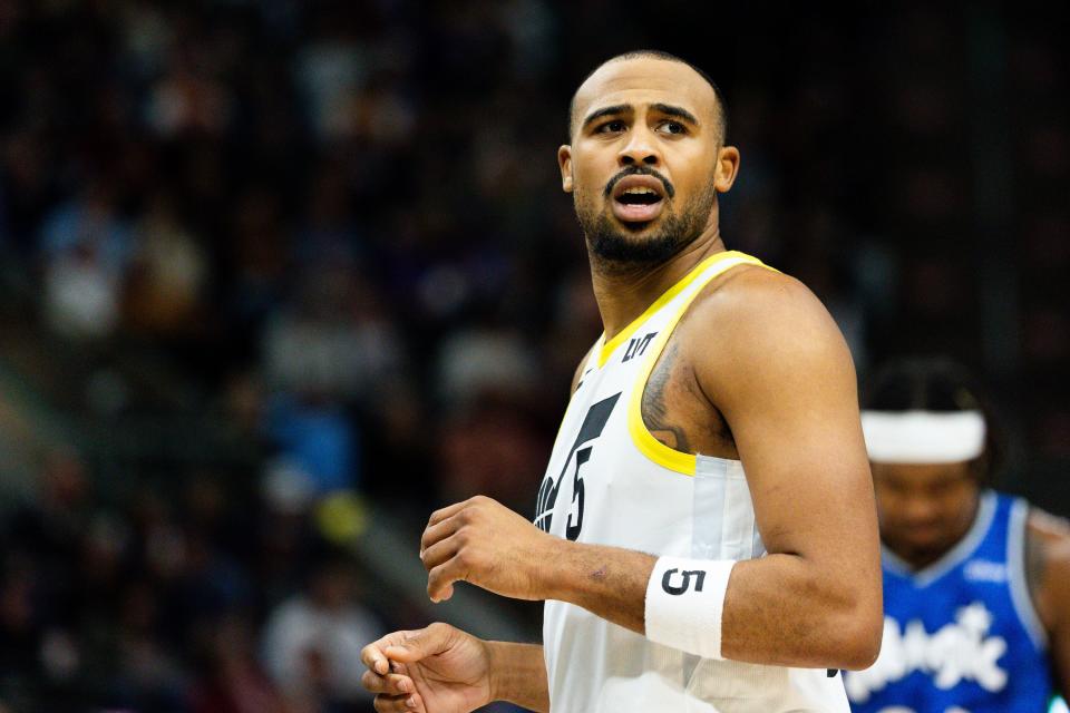 Utah Jazz guard Talen Horton-Tucker (5) reacts to a foul called during an NBA basketball game between the Utah Jazz and Orlando Magic at the Delta Center in Salt Lake City on Thursday, Nov. 2, 2023. | Megan Nielsen, Deseret News