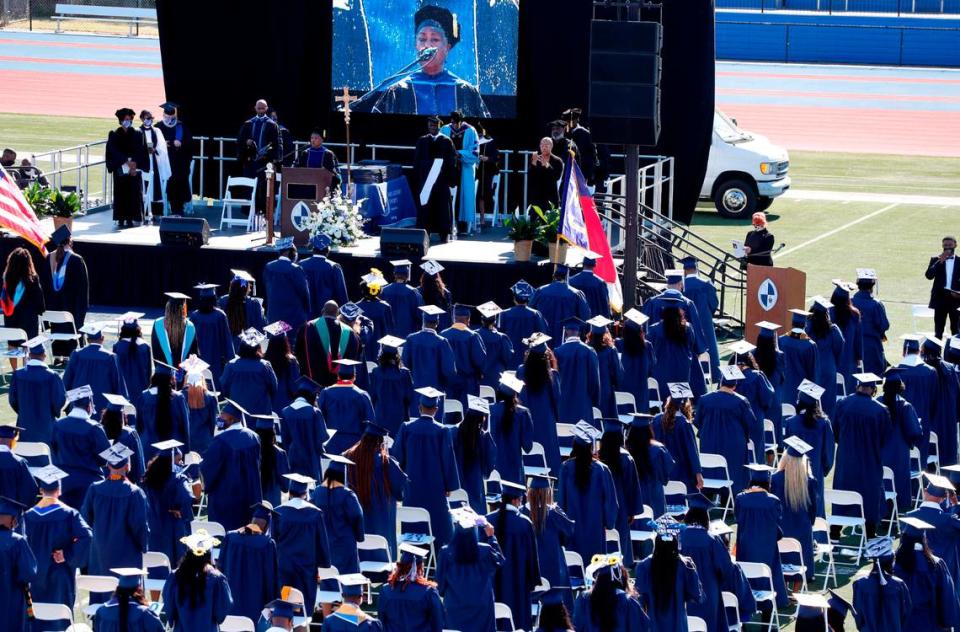 Members of the Classes of 2020 and 2021 listen to Dr. Christine McPhail, president of St. Augustine’s University, speak during commencement exercises for the Classes of 2020 and 2021 at St. Augustine’s University in Raleigh, N.C., Saturday, May 1, 2021.