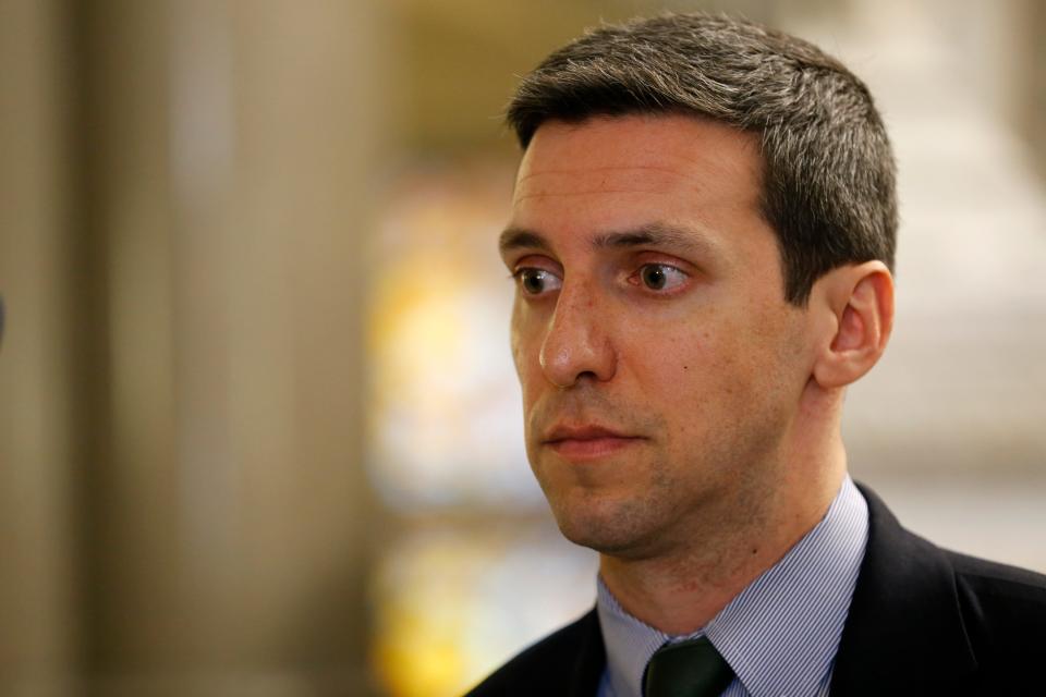 City councilman P. G. Sittenfeld speaks with Enquirer columnist Jason Williams about his relationship with councilwoman Tamaya Dennard after a conical meeting at city hall in downtown Cincinnati on Wednesday, Feb. 26, 2020.