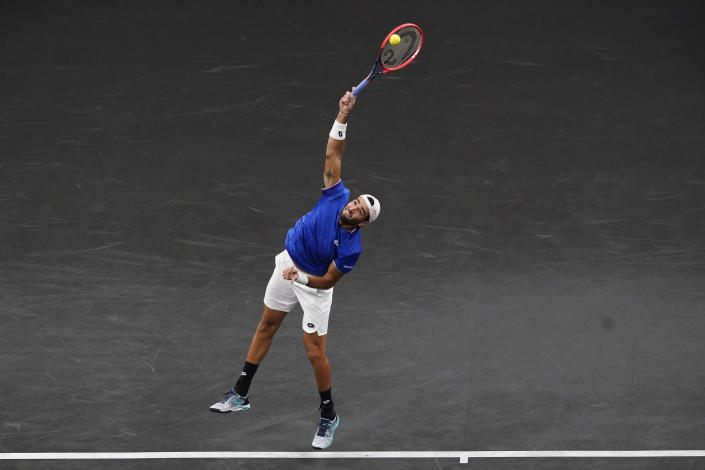 Team Europe's Matteo Berrettini, of Italy, serves to Team World's Felix Auger-Aliassime, of Canada, at Laver Cup tennis, Friday, Sept. 24, 2021, in Boston. (AP Photo/Elise Amendola)