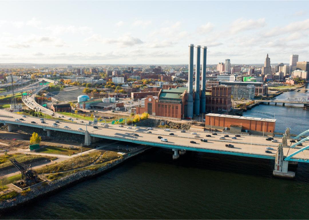 Manchester Street Power Station smokestacks and Providence skyline.