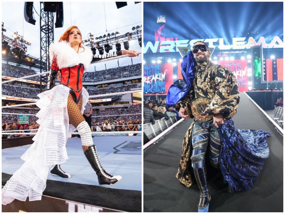 Side by side images of Becky Lynch (left) and Seth Rollins (right), both in flamboyant outfits at Wrestlemania 40, April 7 2024.