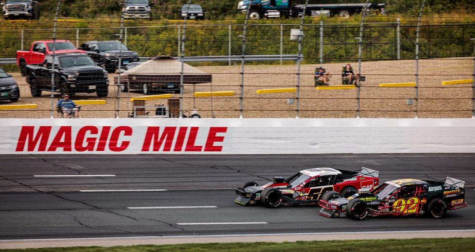 Anthony Nocella driver of the #92 Nocella Paving, K+D Associates, Airgas Chevrolet car and Eric Goodale driver of the #58 GAF roofing FURY Race car during the Whelen 100 for the Whelen Modified Tour at New Hampshire Motor Speedway on July 16, 2022 in Loudon, New Hampshire. (Nick Grace/NASCAR)