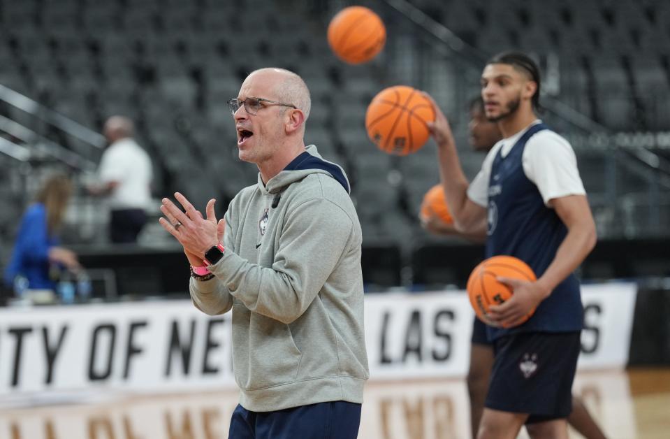 UConn coach Dan Hurley watches the Huskies practice at T-Mobile Arena in Las Vegas.