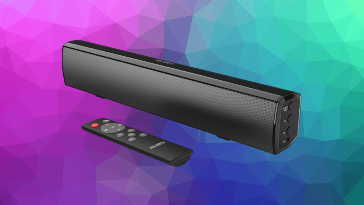 black soundbar with remote control over mosaic background