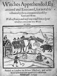 A pamphlet showing a cartoon witch dunking in the river.