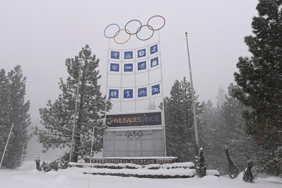 The entrance to Palisades Tahoe is shown on Wednesday, Jan. 10, 2024. Authorities say an avalanche has roared through a section of expert trails at the California ski resort near Lake Tahoe. (AP Photo/Andy Barron)