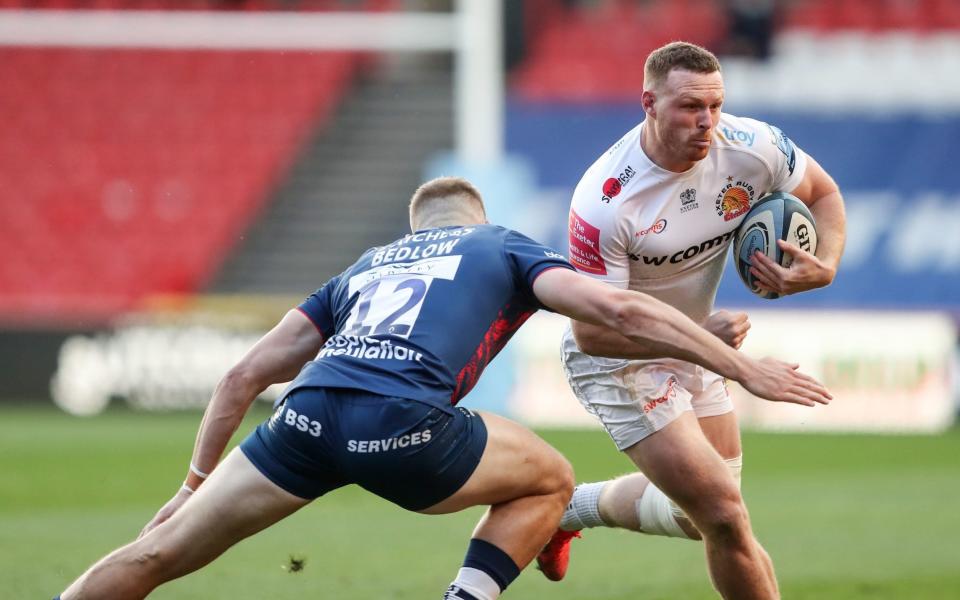 Exeter Chiefs' Sam Simmonds is tackled by Bristol Bears' Sam Bedlow during the Gallagher Premiership match at Ashton Gate, Bristol - PA /David Davies 