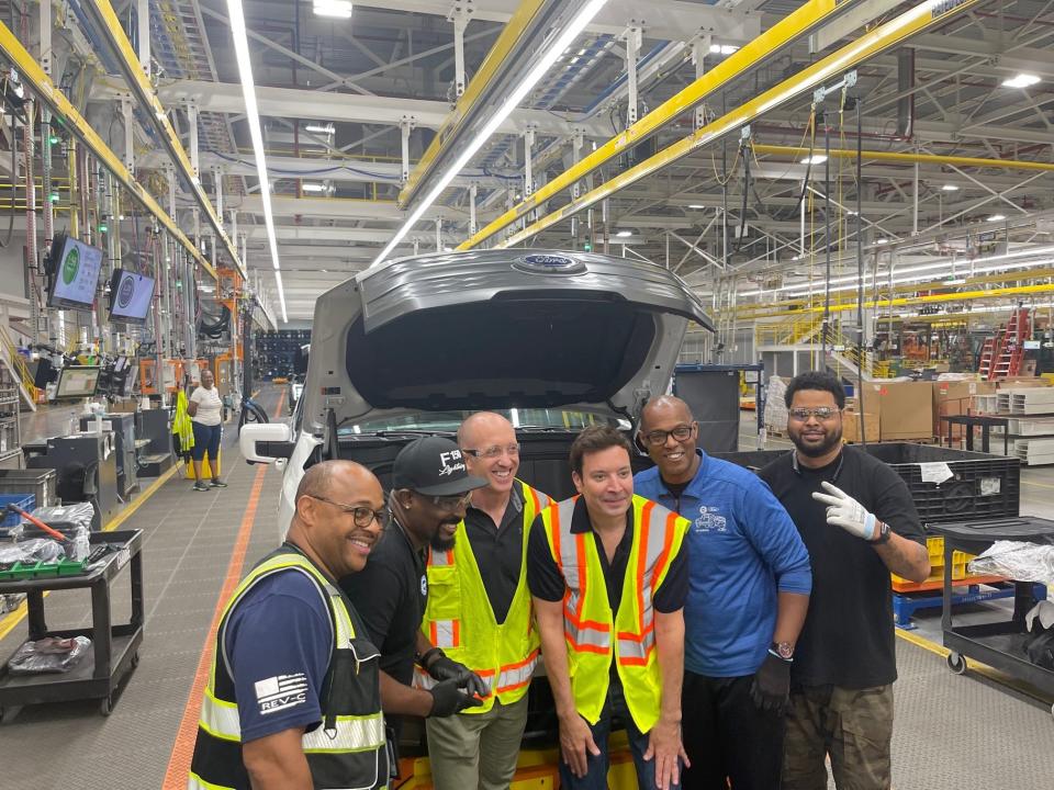 "The Tonight Show with Jimmy Fallon" host, third from right, stopped by the Rouge Electric Vehicle Center in Dearborn on Friday, Aug. 5, 2022, and met UAW employees who build the all-electric F-150 pickup. This team installs the famous "frunk" or front trunk.