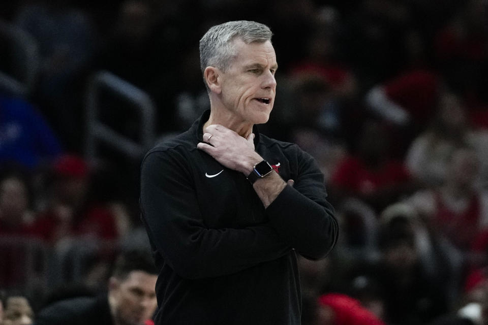 Chicago Bulls coach Billy Donovan watches from the sideline during the first half of the team's NBA basketball game against the Atlanta Hawks on Tuesday, Dec. 26, 2023, in Chicago. (AP Photo/Erin Hooley)