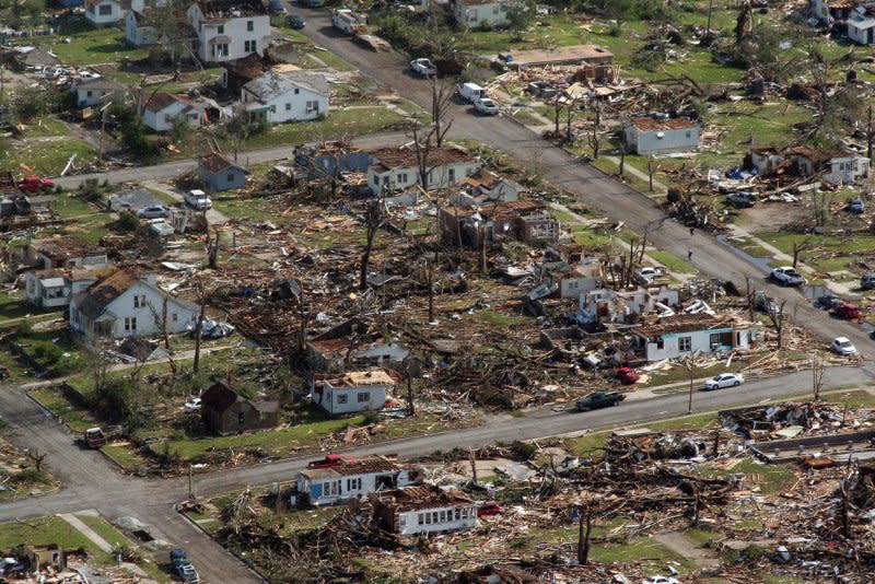 An aerial view shows the destruction of residential neighborhoods in Joplin, Mo., after a tornado passed through May 22, 2011. File Photo by Tom Uhlenbrock/UPI