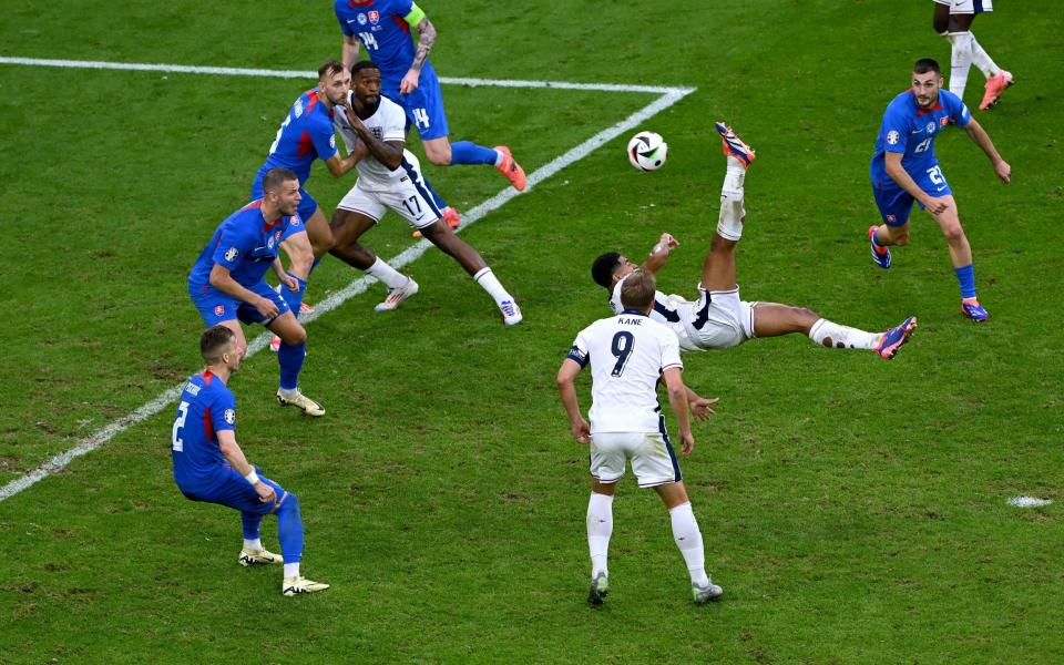 Jude Bellingham scoring an overhead kick to equalise in England's last-16 tie against Slovakia