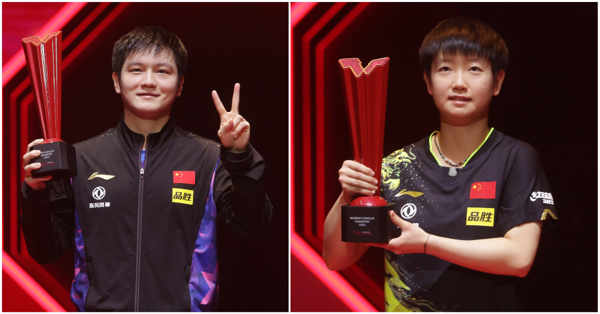 World No.1s Fan Zhendong (left) and Sun Yingsha won the men's and women's singles titles respectively at the 2023 WTT Singapore Smash tournament. (PHOTO: WTT)