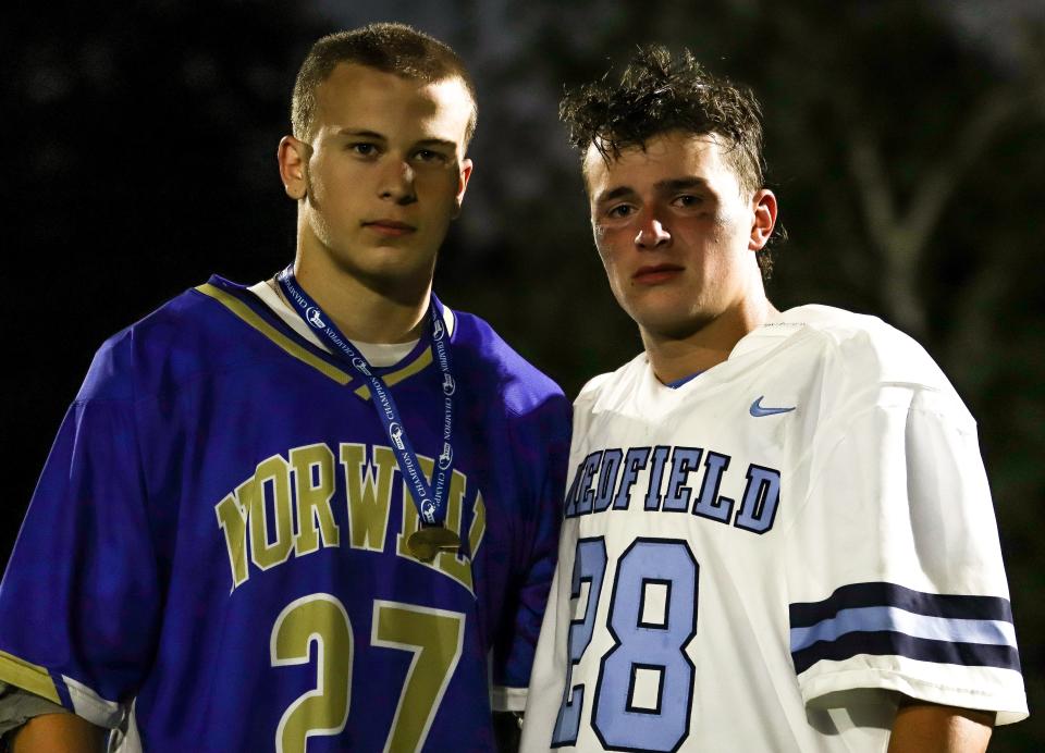 Norwell's John Mullen and Medfield's TJ Casey after the Division 3 state title game on the campus of Worcester State University on Wednesday, June 22, 2022.