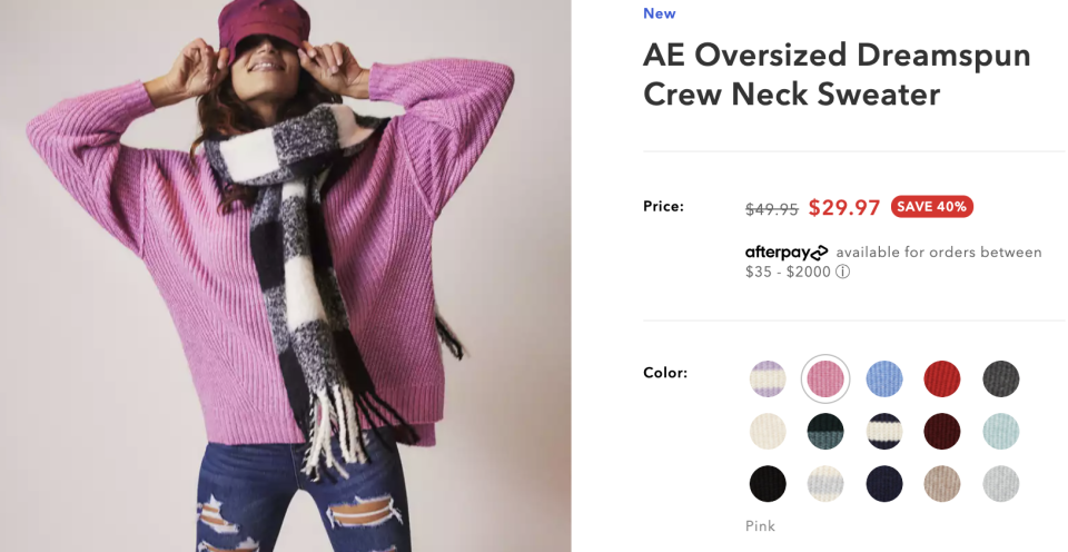 An American Eagle sweater for sale, with Afterpay payment as an option. (An American Eagle sweater for sale, with Afterpay payment as an option. (American Eagle)