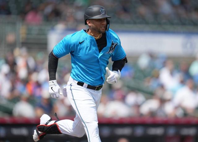 Miami Marlins' Yuli Gurriel looks on during the fourth inning in