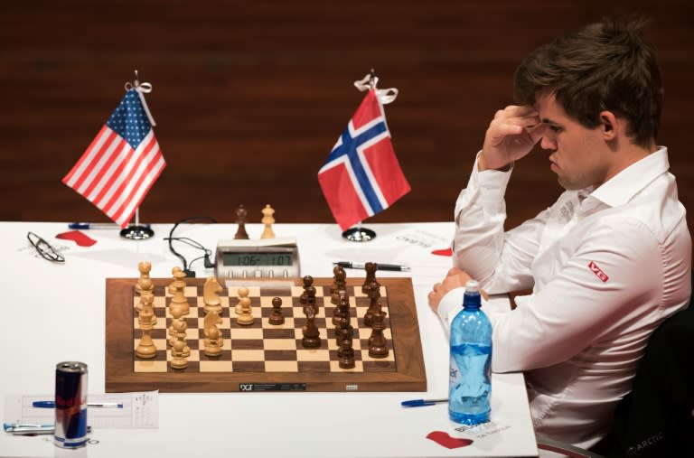 Norwegian world chess champion Magnus Carlsen looks at the board during the IX Chess Masters Final against US chess grandmaster Hikaru Nakamura in Bilbao